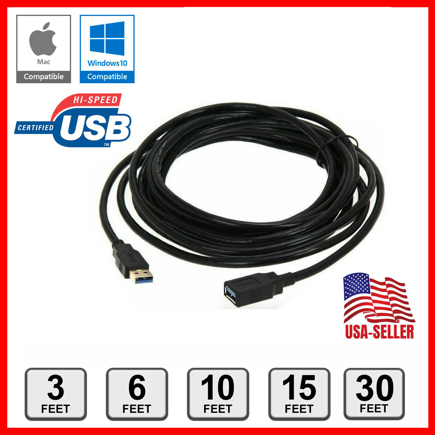 Usb 2.0 Extension Extender Cable Cord M/f Standard Type A Male To Female Black